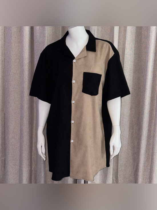 NO BRAND Other - Men's Two-Tone CORDUROY Short Sleeve Button-Up Shirt - Black & Tan SZ XXL